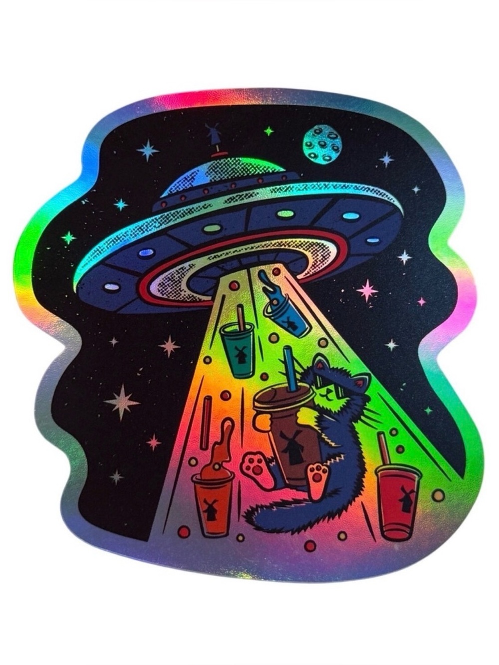 Dutch Bros.Holographic Alien Space UFO Sticker with Cat & Rainbow Colored Drinks